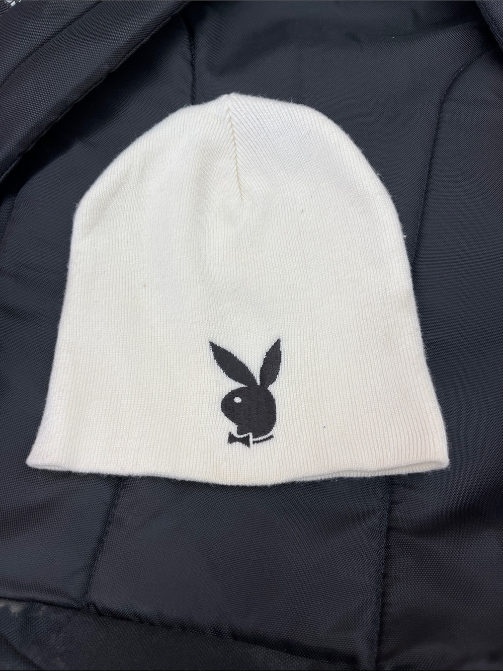PLAYBOY White Beanie with Black Bunny Emblem
